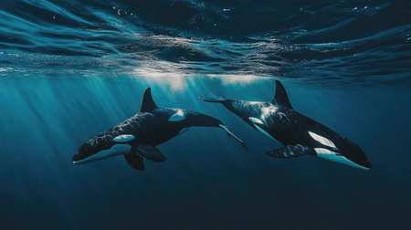 Orca whales swimming together in the open ocean, offering a mesmerizing and tranquil view of marine life.の素材