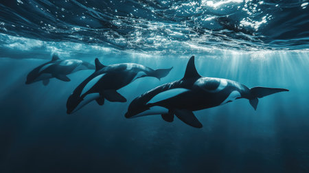 Orca whales swimming together in the open ocean, offering a mesmerizing and tranquil view of marine life.の素材