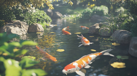Koi fish swimming in a shady Japanese Zen garden pond, creating a calming and meditative environment.の素材