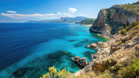 Coastal cliffs and the azure blue sea, presented in a stunning panoramic view both captivating and sereneの素材