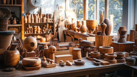 Handmade wooden objects displayed in a woodworker's studio, showcasing the art and craft of woodworking.の素材