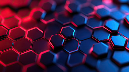 Explore a stunning abstract close-up of hexagonal patterns, featuring vibrant red and blue hues that create a captivating, modern background perfect for various creative projects.の素材