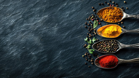 Natural spices in vintage spoons on a dark slate backdrop, with plenty of copy space for culinary concepts.の素材