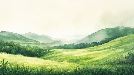 Soft watercolor painting of a green hillside, with a warm atmosphereの素材