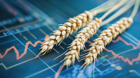 Two wheat plants beside financial graphs, symbolizing the intersection of agriculture and economics, ideal for agricultural investors.の素材