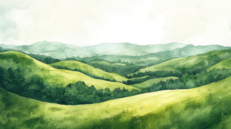 Warm-toned watercolor painting of a lush green hillside, capturing the beauty of nature in a soft, inviting way.の素材