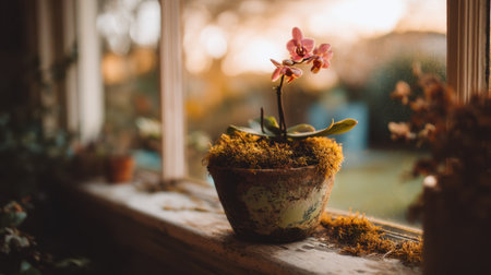 A beautiful orchid sits in a rustic pot on a sunlit window sill, surrounded by moss. The soft hues of sunset create a peaceful atmosphere, perfect for home decor.の素材