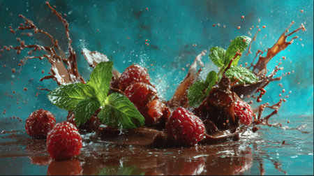 A stunning visual of fresh raspberries splashing into silky melted chocolate, adorned with mint leaves, set against a vibrant backdrop, capturing indulgent freshness.の素材