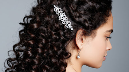 A stunning profile view of an elegant young woman with beautiful curly hair. She wears a decorative hair clip and earrings, showcasing her radiant beauty and style.の素材