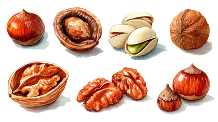 A colorful collection of various nuts and seeds showcases their unique shapes and textures, perfect for healthy snacking, cooking, or adding to dishes.の素材