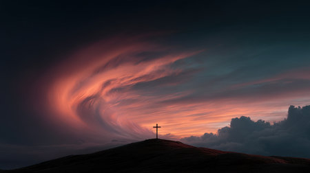 A tranquil scene featuring a silhouette of a cross atop a hill against a stunning sunset backdrop, showcasing a harmonious blend of colors and clouds, evoking peace.の素材