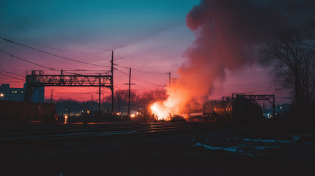 Dynamic industrial landscape at sunset showcases vibrant colors of smoke and fire, set against a backdrop of transportation infrastructure and urban settings.の素材