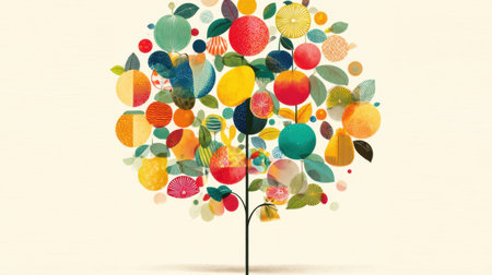 This vibrant illustration features a whimsical tree filled with colorful fruits and lush leaves, a perfect representation of nature's beauty and growth.の素材