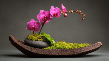 A beautifully crafted floral arrangement featuring vibrant pink orchids elegantly displayed on a textured stone tray with lush moss. Perfect for modern decor.の素材