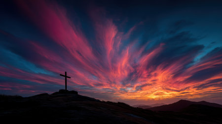 A breathtaking sunset view featuring vibrant colors lighting up the sky and silhouetted cross on a hill, creating a serene and picturesque outdoor atmosphere.の素材