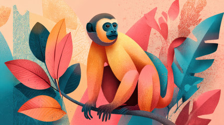 This vibrant illustration features a monkey sitting on a branch, surrounded by colorful tropical leaves, perfect for creative projects related to wildlife and nature themes.の素材