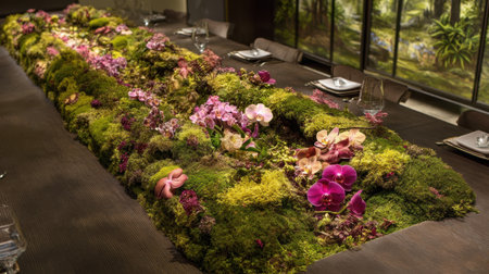 This captivating floral tablescape features lush moss and colorful orchids, creating a stunning centerpiece perfect for upscale dining and elegant events.の素材