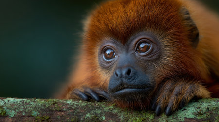 This captivating close-up image showcases a brown monkey resting on a branch, revealing its expressive eyes and furry texture amidst a lush green backdrop, embodying wildlife beauty.の素材