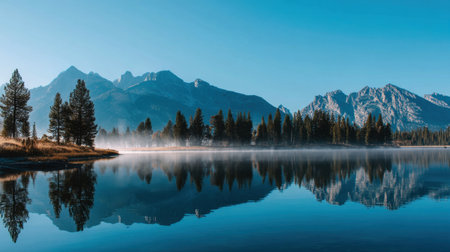 A beautiful mountain landscape featuring a calm lake reflecting the surrounding trees and peaks under a clear blue sky, showcasing the tranquility of nature.の素材