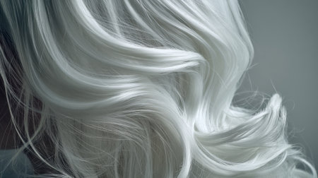 This close-up image highlights luxurious silky white hair with soft waves, perfect for beauty, fashion, or hair care presentations. Emphasizes elegance and texture.の素材