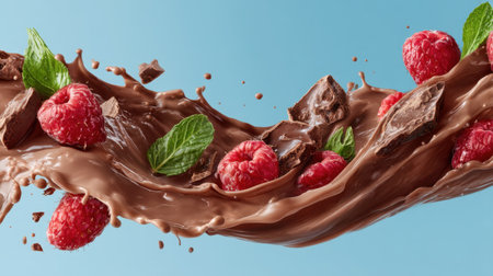 A captivating image showcasing a dynamic splash of chocolate combined with fresh raspberries and vibrant mint leaves, highlighting delightful dessert options.の素材
