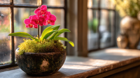 A stunning pink orchid placed on a sunlit windowsill, surrounded by soft green moss in a decorative pot, creating a tranquil indoor atmosphere and aesthetic beauty.の素材