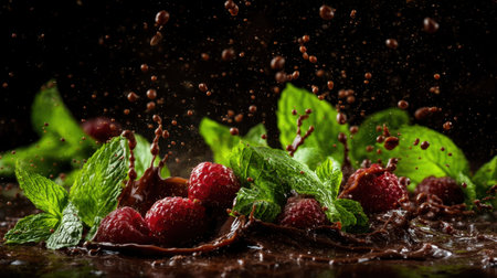 A stunning image featuring fresh raspberries splashing into rich chocolate, surrounded by vibrant mint leaves, creating an enticing visual of dessert perfection.の素材