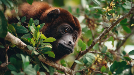 This striking image features a young monkey perched among lush green leaves, displaying a curious expression as it explores its vibrant rainforest habitat.の素材