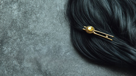 A beautiful hair accessory rests elegantly on luxurious black hair, featuring a delicate gold clip. This image represents style and sophistication in beauty trends.の素材