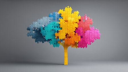 Unique and vibrant tree made of puzzle pieces, symbolizing unity and diversity in nature. Ideal for projects centered on creativity and growth concepts.の素材