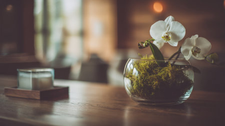 A stunning display of an elegant white orchid in a glass vase filled with lush green moss, creating a serene atmosphere in a cozy restaurant interior.の素材