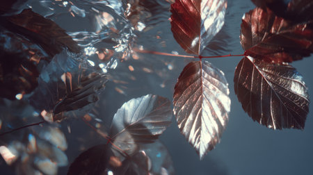 Discover the tranquility of glossy leaves floating gently on water, showcasing rich colors and soft light in a serene natural setting, perfect for relaxation.の素材