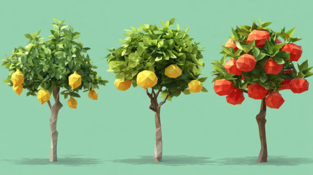 A vibrant illustration of low-poly fruit trees featuring yellow lemons and red apples, set against a lively green background. Ideal for nature-themed art and projects.の素材