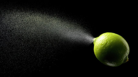 A vibrant green lime emits a fine spray of water droplets against a dark background, emphasizing its freshness, flavor, and versatility in culinary applications.の素材