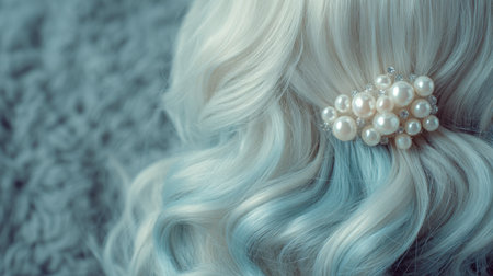 This elegant close-up showcases beautiful light blue ombre curly hair, highlighting a pearl-adorned hair clip. Perfect for beauty and fashion inspiration.の素材