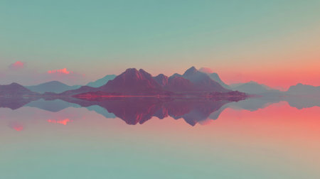 Experience a tranquil scene of majestic mountains reflected in calm waters at dawn, showcasing soft colors and serene beauty for nature enthusiasts and photographers.の素材