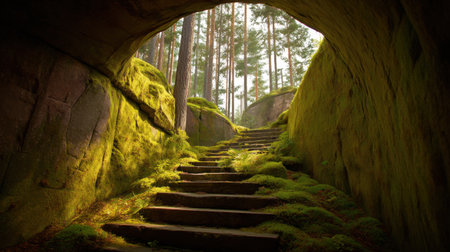 Explore a tranquil forest pathway featuring stone steps covered in soft moss, surrounded by towering pines and bathed in warm sunlight, perfect for nature lovers.の素材
