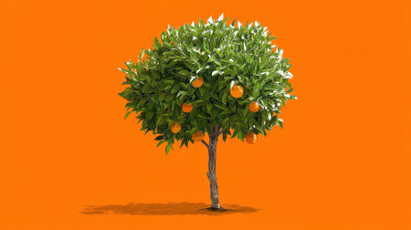 A lush orange tree thriving with ripe fruit against a bold orange backdrop, symbolizing freshness and vitality, perfect for wellness and nature-related themes.の素材