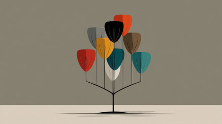 This abstract illustration features a contemporary tree design with colorful leaves on a muted background. Perfect for art lovers seeking minimalist decor options.の素材