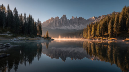 A tranquil scene capturing a mountain reflection on a still lake at dawn, framed by tall pine trees and a soft mist, showcasing nature's serenity and beauty.の素材