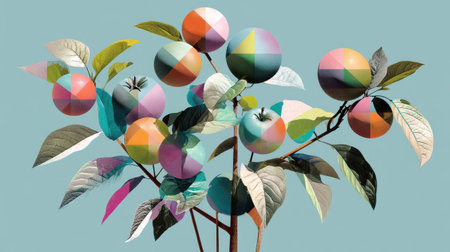 This artistic illustration features a unique fruit tree with colorful geometric spheres and lush foliage, set against a soft blue background, perfect for modern design.の素材