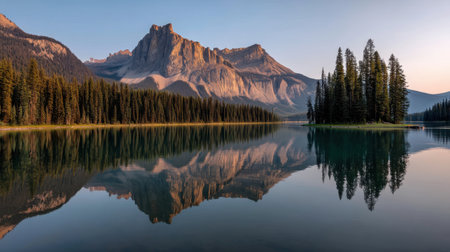 A stunning mountain landscape reveals a calm lake mirroring the peaks and trees, bathed in gentle sunrise light. Experience natureの素材