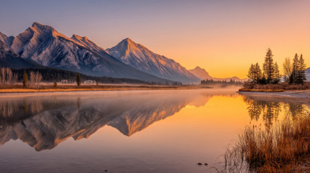 A breathtaking view of majestic mountains bathed in the warm glow of sunrise. The calm waters reflect the stunning landscape, creating a peaceful and serene outdoor scene.の素材