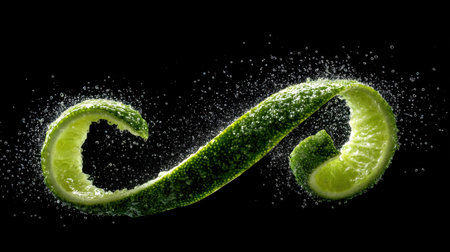 This captivating image features a vibrant lime twist surrounded by an array of bubbles, creating a fresh and dynamic scene against a stark black background.の素材