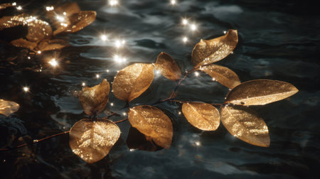 A serene display of golden leaves floating on the water, glistening with sunlight, creating a tranquil and mesmerizing natural scene perfect for relaxation and beauty.の素材