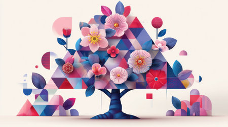 A stunning illustration featuring a vibrant geometric tree adorned with colorful flowers and abstract shapes, perfect for modern art and nature themes.の素材