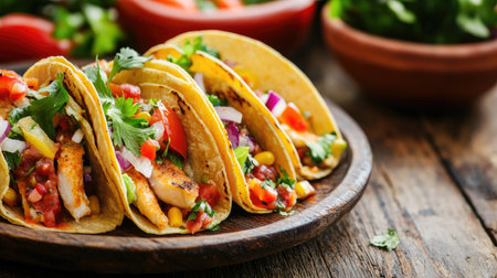 Delicious fish tacos served on a rustic plate, with fresh ingredients and vibrant colors, perfect for a close-up food shot.の素材