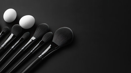Multi-purpose makeup brushes and beauty drop sponges displayed on a monochromatic background with space for your message or logo.の素材