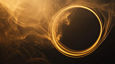 A striking abstract minimalist wallpaper featuring flowing smoke around a gold round shape, set against a dark background, creating a modern and elegant design.の素材