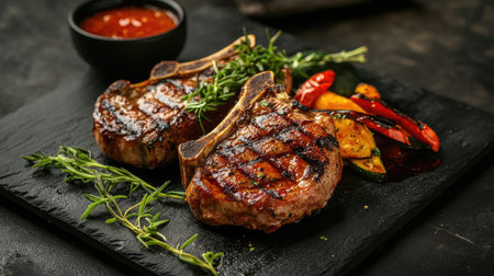 Freshly grilled pork chops and vegetables, elegantly arranged on a black slate with a dark background, highlighted by herbs and sauce accents, creating an artistic scene.の素材